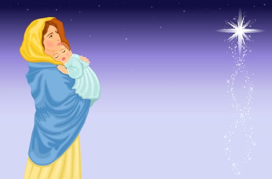 Christmas nativity scene with virgin Mary and baby Jesus.
