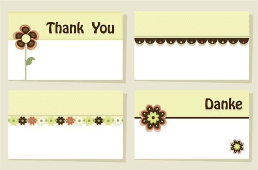 Set of four greeting cards - suitable as thank you notes and invitations. CMYK colours, bleed included.
