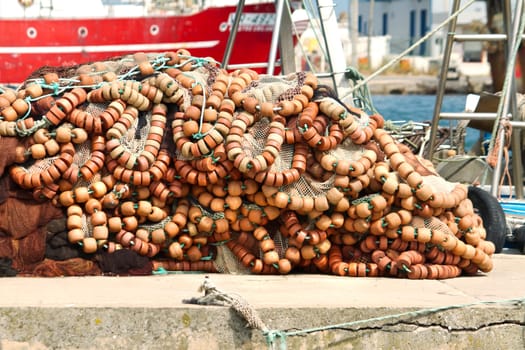 View of several orange floaters on the docks.