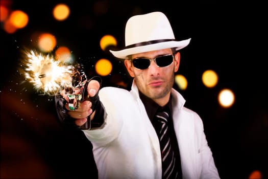 View of a gangster man with a scar, firing a gun, we can see the bullet.