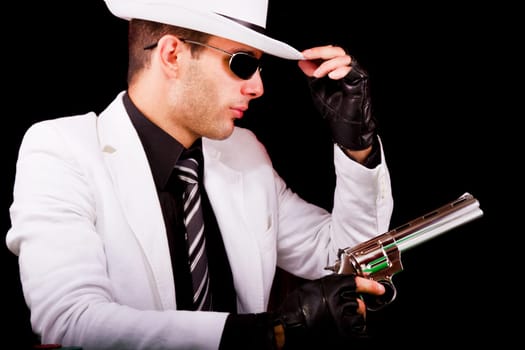View of a white suit gangster man holding a gun.