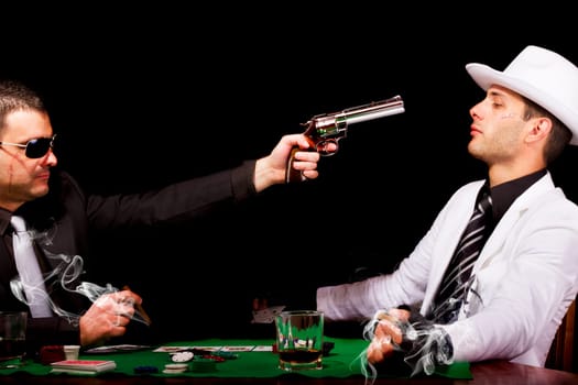 View of two gangster males having a serious discussion.