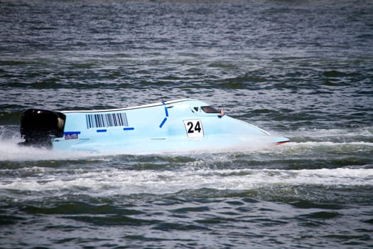 View of a powerboat race on a lake in Portugal.