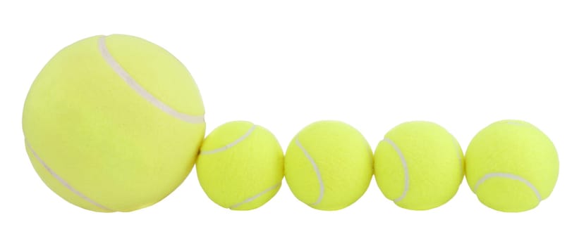Five new tennis balls isolated on white. One is big, others are normal size.