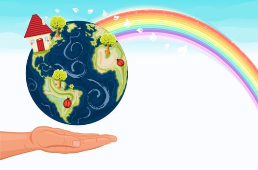 Fight against global warming and save our green planet, Earth. With beautiful rainbow and room for your text.