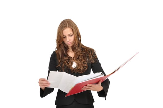 Young woman leafing through red folder