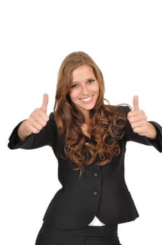 Businesswoman in suit with two thumbs up