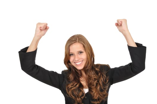 Young woman throwing up her arms