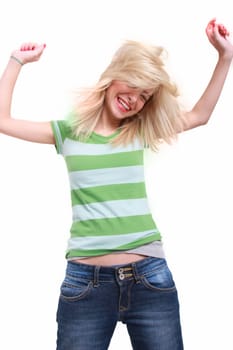 Happy and smiling blond girl on white background