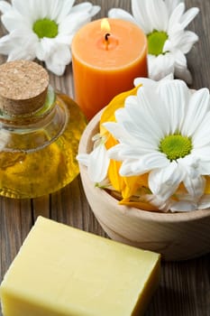 spa accessories on wood table