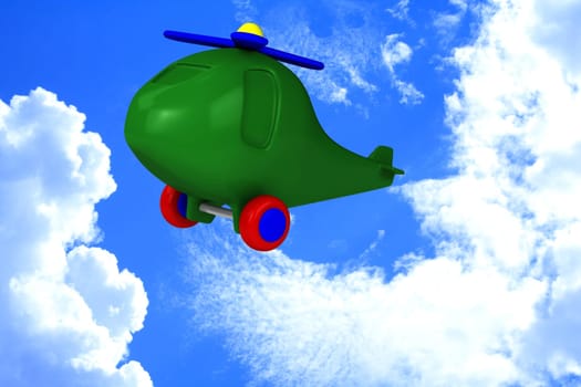 Green helicopter with red tires fly in sky