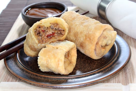 a spring roll filled with minced meat and tomatoes