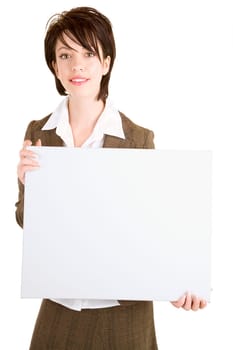 A beautiful businesswoman is holding a blank white sign.