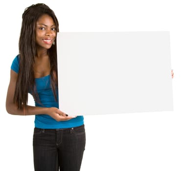A beautiful African American woman is holding a blank white sign.