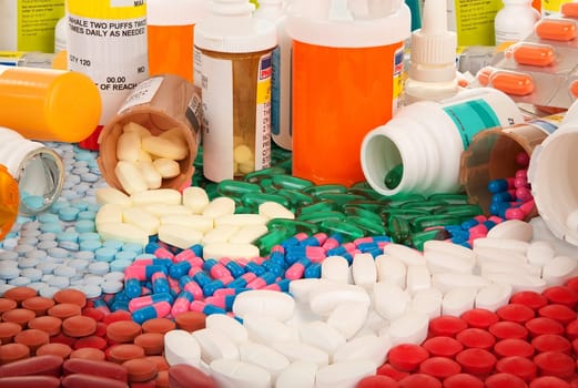 Pharmaceutical products are spilled on the table.
