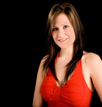 Beautiful young lady wearing a red dress.
