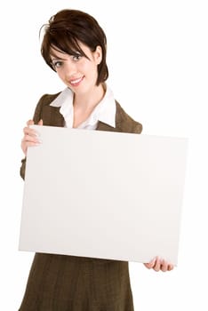 A beautiful businesswoman is holding a blank white sign.