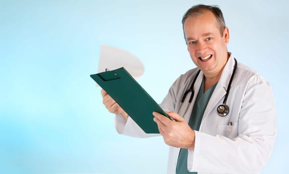 A smiling doctor is giving medical test result to his patient