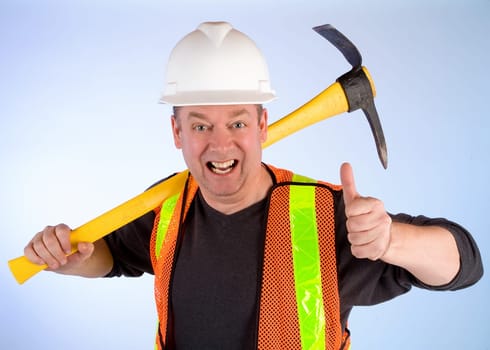 A contruction worker is happy about something.