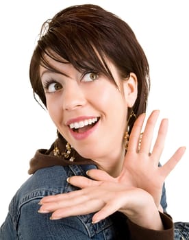 A woman is pleasantly surprised about something.