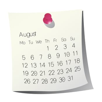2013 August calendar on white paper