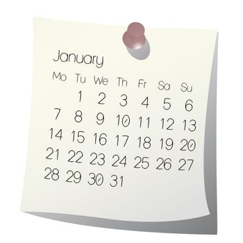 2013 January calendar on white paper