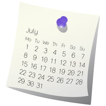 2013 July calendar on white paper