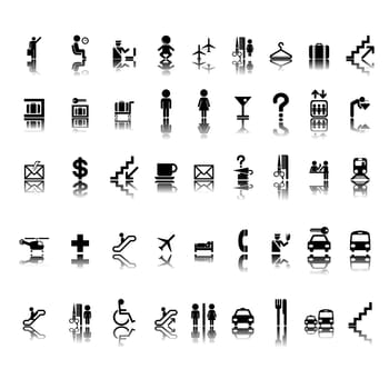 Airport pictogram set on stickers, isolated and grouped objects on white background