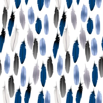 Blue feathers background, seamless pattern