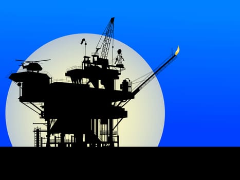 Silhouette of an oil platform in the moon light