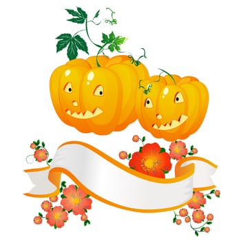 Two Halloween pumpkins and a floral banner
