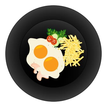 Fried eggs and fries on a plate.
