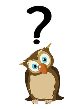 Stylized cartoon owl with question mark. isolated objects on white background.