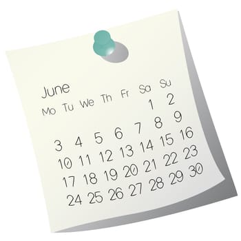 2013 June calendar on white paper
