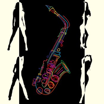 Abstract jazz club background with stylized saxophone and dancing girls