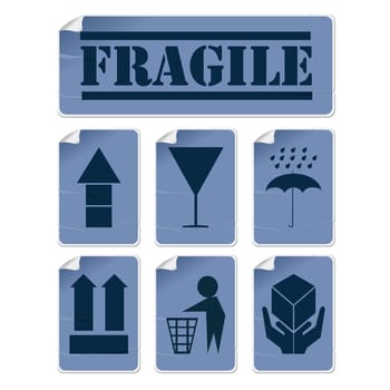 Badly glued stickers, transportation symbols set in blue tones, isolated and grouped objects against white background