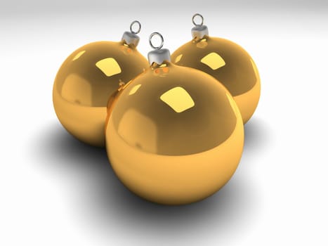 Three gold christmas bulbs with silver hangers, 3d render