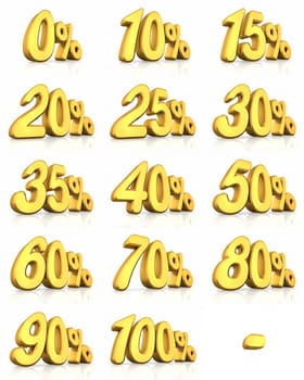 Complete set of gold percent tags for sales and discounts, price tags with minus