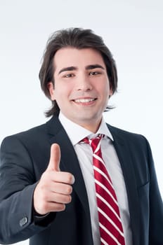 Man gesturing ok success sign isolated over white.
