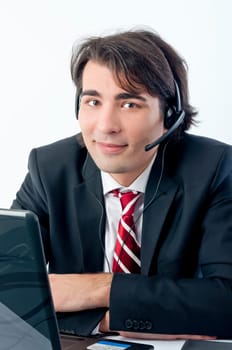 Businessman with headphones isolated on white background