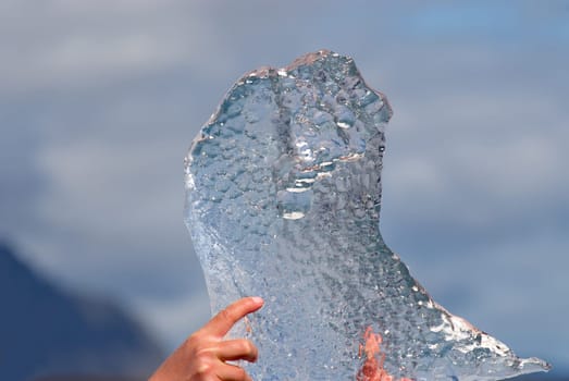 Iceland, a piece of ice of the lake Jokulsarlon held in the hands
