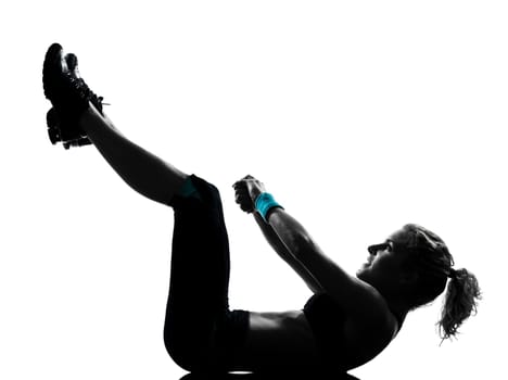 one woman exercising workout fitness aerobic exercise abdominals push ups posture on studio isolated white background