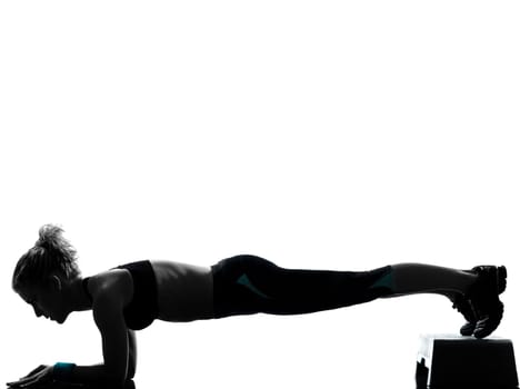 one woman exercising workout fitness aerobic exercise abdominals push ups posture on studio isolated white background
