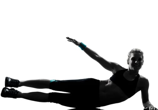 one woman exercising workout fitness aerobic exercise abdominals push ups posture on studio isolated white background