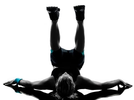 one woman exercising workout fitness aerobic exercise abdominals push ups posture on studio isolated white background