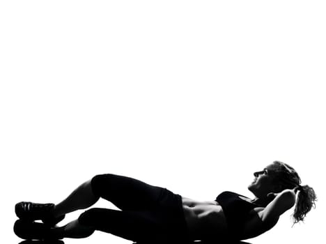 one woman exercising workout fitness aerobic exercise abdominals push ups posture on studio isolated white background