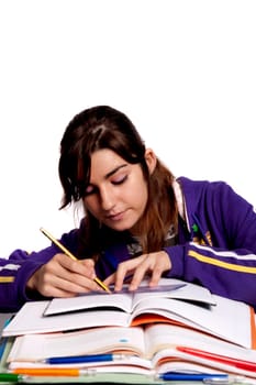 View of a teenager school girl studying on a white background.