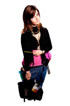 View of a teenager school girl with school stuff on a white background.