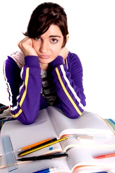 View of a teenager school girl looking at the camera with an upset expression.