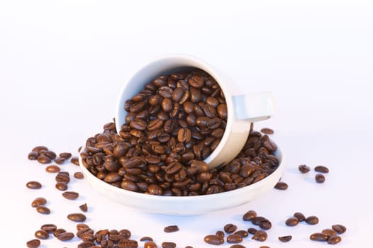 Dark roasted coffee beans spilling from a white cup